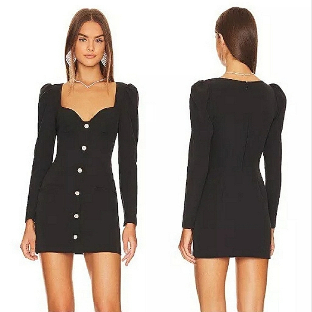 Lovers + Friends Revolve Tish Mini Dress Black Puff Sleeve Crystal Button Medium